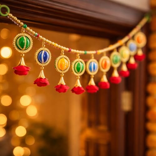 Image of iHandikart Decorative Toran for Door, Handmade Multicolor Toran with Beads & Tassels, Traditional Indian Door Hanging for Diwali, Wedding & Home Entrance Decoration Size (40 Inch)