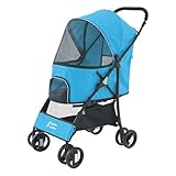 Sunny Sonny Passeggino pieghevole per animali domestici, con copertura per le intemperie, cestino portaoggetti, per cani e gatti S/M fino a 15 kg (blu)