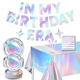 Iridescent Party Decorations, 99 Pcs Laser Birthday Party Decorations Include 1 Pc In My Birthday Era Banner, 2 Pcs Tablecloth, 48 Pcs Birthday Party Plates, 24 Pcs Napkins and 24 forks Set