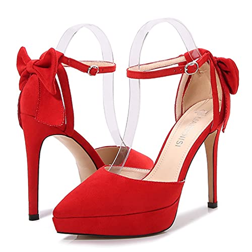 WOkismD Zapatos de tacón alto con plataforma de ante para mujer, zapatos de tacón de aguja con punta cerrada sexy con lazo trasero, vestido de oficina, zapatos de fiesta de boda, rojo, 37