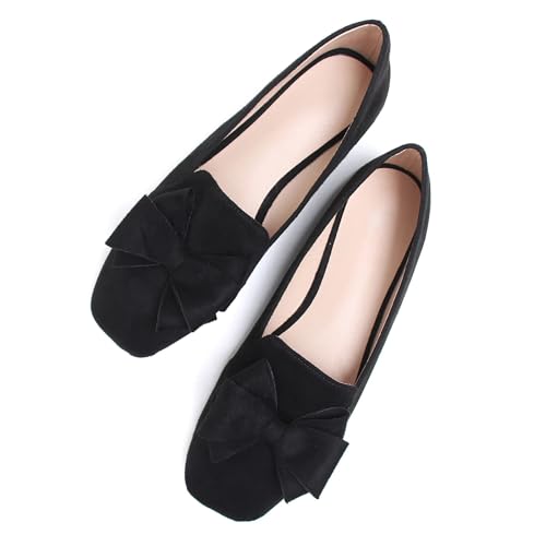Image of WENJIAZHIZHI Square Toe Bow Ballet Slip-On | Classic Suede Finish,Chic Bow Detail,Effortless Everyday Style,Wedding Party Office,Plus Size Available