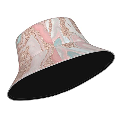 Rose Gold Glitter Coral Gray Pastel Marble Bucket Hat Summer Travel Hat Beach Sun Hat Aesthetic Fishing Hat For Men Women Outdoor Cap Reversible Double-Side-Wear #TOP1