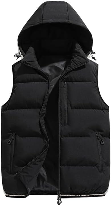 Men's Winter Puffer Vest Removable Hooded Quilted Padded Sleeveless Vest Casual Warm Zip Up Jacket Outerwear