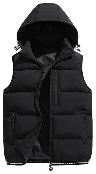 Men's Winter Puffer Vest Removable Hooded Quilted Padded Sleeveless Vest Casual Warm Zip Up Jacket Outerwear