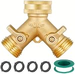 2 Way Y Garden Hose Raccordeur de robinet, Lourde Laiton Raccordement de tuyau pour pelouse et jardin, Adaptateur de tuyau d'épigot avec 2 Valves, Plus 4 Laveurs en caoutchouc supplémentaires+1 ruban de téflon