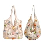 Boho Crochet Beach Bag with Cute Flower, Knit Tote Bag for Women Summer Holiday Travel (style A -white)