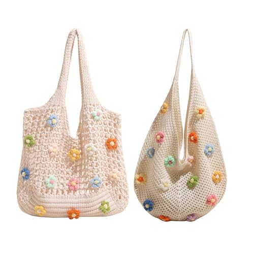 Boho Crochet Beach Bag with Cute Flower, Knit Tote Bag for Women Summer Holiday Travel (style A -white)