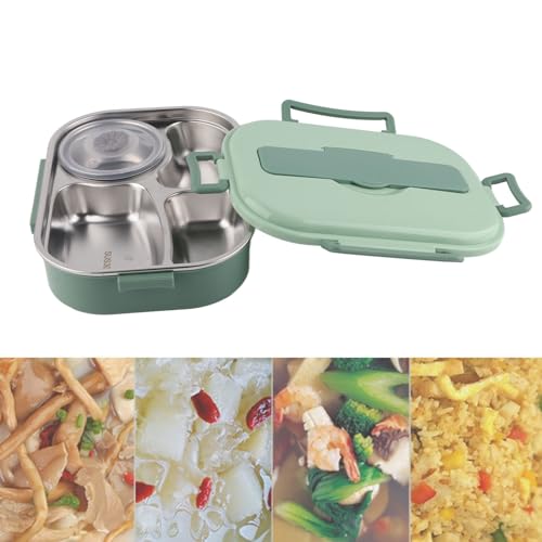 Yosoo Stainless Steel Lunch Box, 4 Grid Portable Box, Food Storage Container, Good Sealing Performance, Includes Spoons and Chopsticks (Four grid lunch box with soup bowl: green)