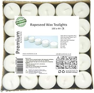 Premium Tealights Rapeseed Wax Transparent Clear Cup Tea Lights White Wax Unscented Night Lights Candles Vegan Wax Non-Toxic (100 Natural Tealights - 4 Hour Burning Time)