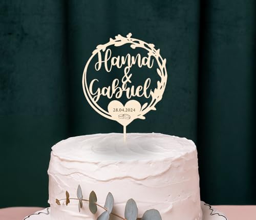 Cake Topper Hochzeit Tortenstecker personalisiert mit Namen & Datum – Größe 15 cm – Holz Birke – Tortenaufsatz zur Hochzeit – feinste Lasergravur – aus deutscher Holzmanufaktur