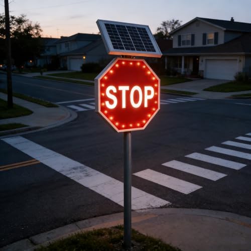 Solar LED Stop Sign with Flashing Lights, Solar Powered LED Flashing ...