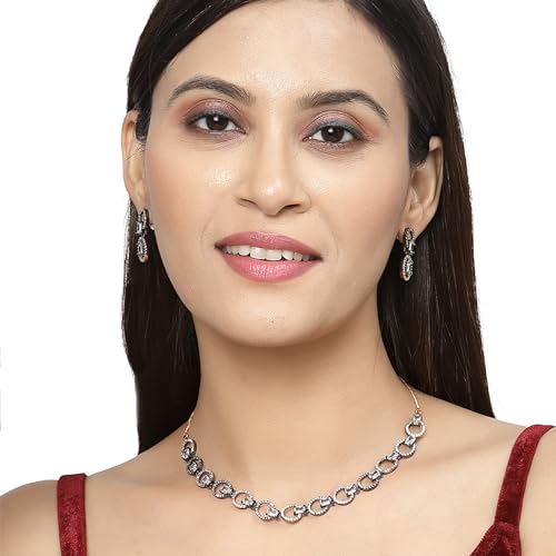 Image of ZENEME Rhodium-Plated American Diamond Studded Disc-Shaped Necklace With Earrings Jewellery Set For Girls and Women