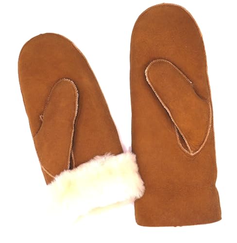 SUPER s6x Lammfell Handschuhe Fäustlinge, Fausthandschuhe Merino Lammfell, (M) Cognac - braun - olive, Damen - Größenbeschreibung siehe Produktbeschreibung
