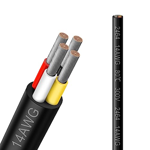 14 Gauge 4 Conductor Electrical Wire, 33FT 14AWG Black PVC Stranded Tinned Copper 4 Wire Cable, 14/4 Cord Extension Cable for LED Lamp Lighting, Automotive, Speaker, Audio, Power etc.