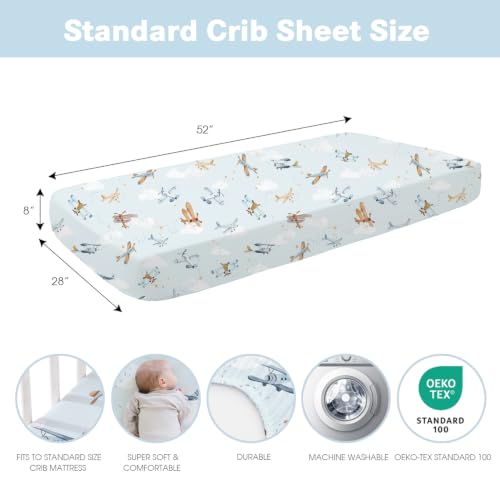Image of Plushii 4PK Crib Sheets for Boys,Soft Microfiber Mattress Cover,Planes | Fits standard crib & toddler beds (52x28 inch). Soft, breathable cover with plane patterns for boys and girls.