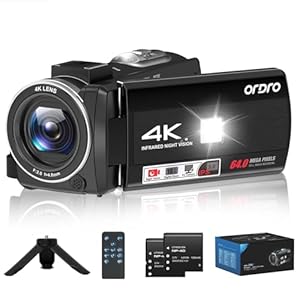 ORDRO Camcorder 4K, 64MP Vlogging Camera with 18X Digital Zoom, LED Fill light, 3.0 Inch Screen, IR Night Vision, Vlogging Camera for YouTube with Tripod and Two Batteries