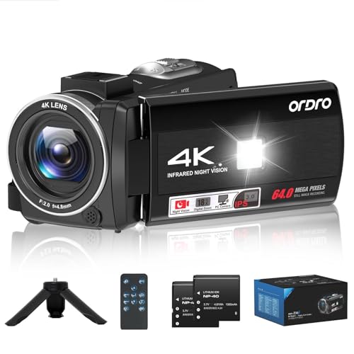 ORDRO Camcorder 4K, 64MP Vlogging Camera with 18X Digital Zoom, LED Fill light, 3.0 Inch Screen, IR Night Vision, Vlogging Camera for YouTube with Tri