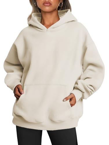 Famulily Womens Hoodies Casual Winter Warm Fleece Pullover Hooded Sweatshirt Long Sleeve Sweaters With Pockets Beige L