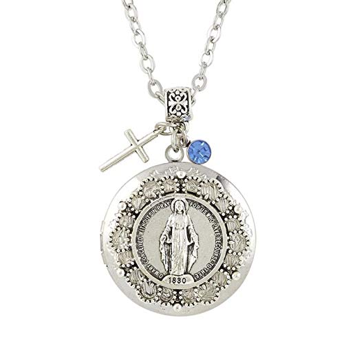 Silver Tone Miraculous Medal Virgin Mary Devotional Locket Necklace With Crucifix Charm, 24 Inch #TOP27