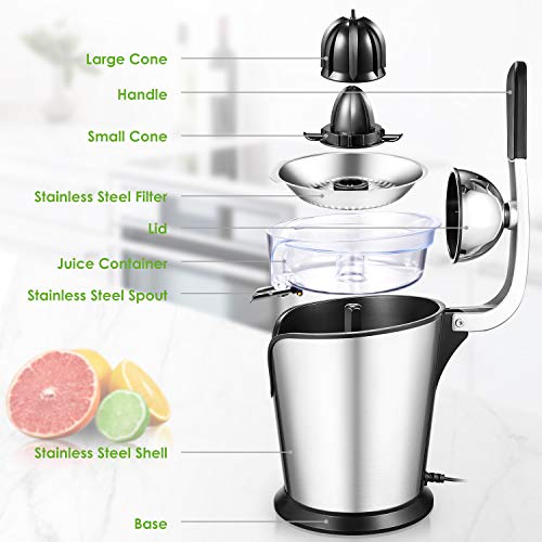 Aicok Electric Citrus Orange Juicer 160W Stainless Steel, Double Reamers, Soft Grip Handle, Easy to Use and Clean, Anti-Drip Spout
