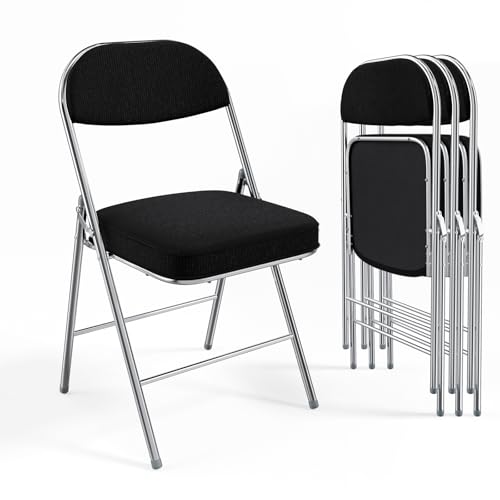 VINGLI 4 Pack Folding Chairs with Padded Seat & Backrest Metal Frame Durable Corduroy Fabric 350 lbs Capacity Set of 4 Black Ideal for Weddings Parties Office Events