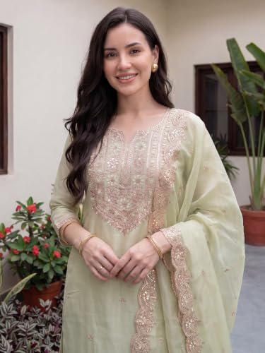 Image of INDO ERA Women's Silk Blend Solid Straight Kurta with Pant & Dupatta Set