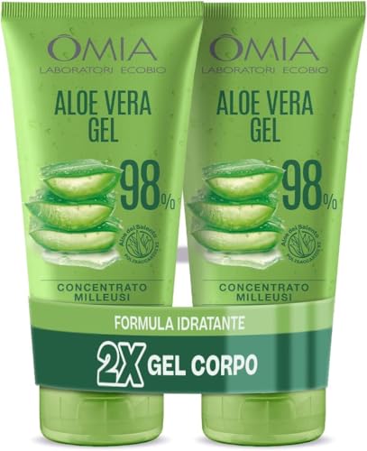Omia, Gel Corpo e Capelli Eco Bio con Aloe Vera del Salento al 98%, Gel Idratante, Lenitivo e Rinfrescante, per Pelli Secche, Non Unge, Confezione da 2 Pezzi, Flaconi da 150 ml