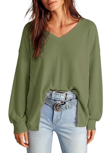 Image of Dokotoo Womens Waffle Knit Tops Trendy Fashion 2026 Oversized T Shirts | Lightweight,V Neck,Casual,Batwing Sleeve,Loose Fit,Irregular Hem,Boyfriend Style,Oversized,Fall Outfits