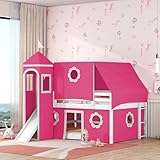 Polibi Full Size Castle Loft Bed with Slide & Pink Tent and Tower, Playhouse Design Spacious Under Bed Space with Curtains, Wood Tent Bed Frame for Kids Boys Girls