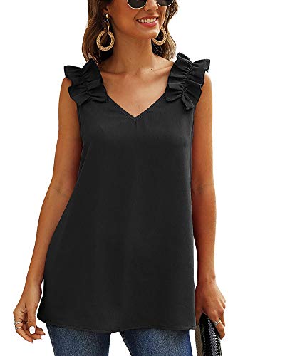 KUFV Womens Ruffles Shoulder V Neck Sleeveless Casual Summer Blouse Tunic Tank Tops Black