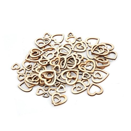 HEEPDD 200Pcs Hollow Heart Shape Wood Craft, Unfinished Wooden Heart Cutout