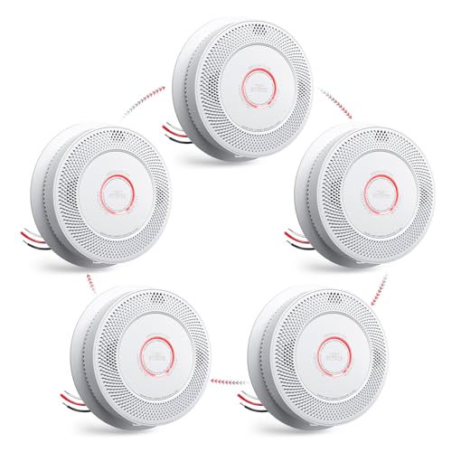 5 Packs Hardwired Smoke Detector Carbon Monoxide Detector Combo, Hardwired & Wireless Interconnected Smoke and Carbon Monoxide Alarm with Voice Alerts,Replaceable Battery Backup