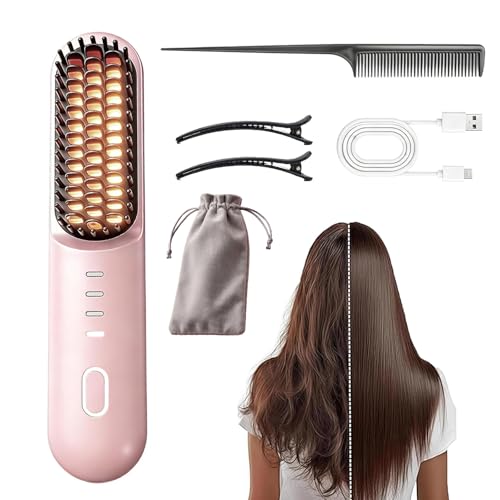 Flown Go Brush Pro for Short Hair, 2026 Upgraded Cordless Hair Straightening Brush for Thin Hair, 4 Temperature Settings, Ionic & Ceramic Care, 4000mah USB-C Rechargeable (Pink)