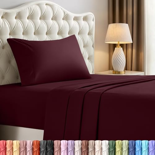 Image of Utopia Bedding Twin Sheet Set - 3 Piece Bed Sheets for Twin Size Bed, Soft and Breathable Microfiber, Includes 1 Fitted Sheet, 1 Flat Sheet and 1 Pillowcase - Oeko Tex (Burgundy)