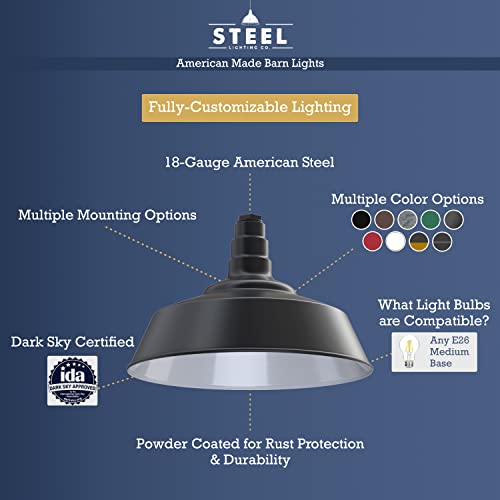 Steel Lighting Co. Manhattan Warehouse Light | Ceiling Mounted Pendant | 20 Inch Dome | 12 Inch Stem | Large Steel Barn Light Made In America | Matte Black Exterior/Matte Black Interior #TOP2