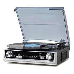 Vintage All-in-One Record Player with Built-in Speakers, 3-Speed 33/45/78 RPM Turntable, FM Radio, RCA & Headphone Output, Black Wood Finish — No Bluetooth - Les Beatles, Paul McCartney, John Lennon, RIngo Starr, George Harrison
