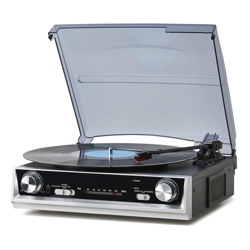 Vintage All-in-One Record Player with Built-in Speakers, 3-Speed 33/45/78 RPM Turntable, FM Radio, RCA & Headphone Output, Black Wood Finish — No Bluetooth - Les Beatles, Paul McCartney, John Lennon, RIngo Starr, George Harrison Vintage All-in-One Record Player with Built-in Speakers, 3-Speed 33/45/78 RPM Turntable, FM Radio, RCA & Headphone Output, Black Wood Finish — No Bluetooth