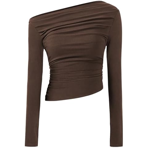 TARSE Womens Off Shoulder Long Sleeve Shirts Slim Fitted Asymmetrical Going Out Ruched Tops Knit Tight Blouses Sexy Stretchy Boat Neck Party Tee Shirts Outfits Trendy Darkbrown S Cover