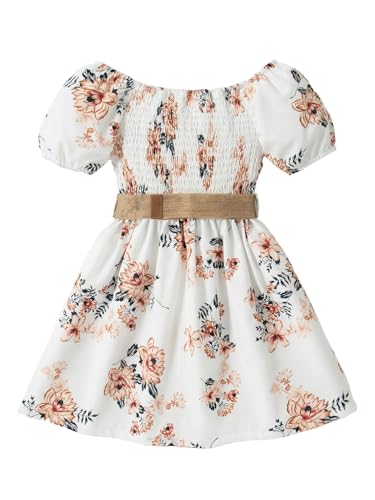 Girls' Summer Floral Dress Kids Belt A Line Puff Sleeve Square Neck Flowy Sun Dresses2