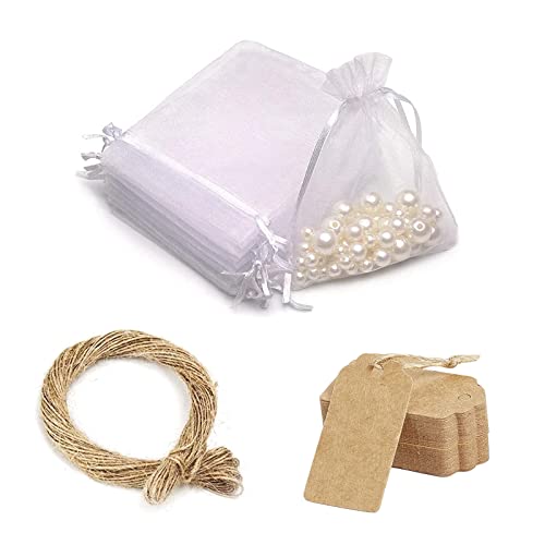 Bolsa de Organza Blanco, Bolsas Para Envoltura de Joyas, 20 Piezas 30x20CM Bolsitas de Organza, 10 m Cuerda de Yute, 20 Piezas Tiquetas de Papel Kraft