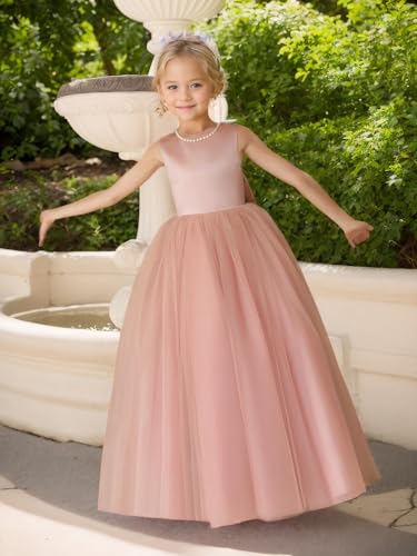 Tulle Flower Girl Bridesmaid Dress with Bowknot Satin First Communion Dress for Kids Long Pageant Prom Gowns for Girls3