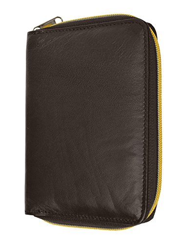 RFID Premium Leather Men's Passport Bifold Zip Around Wallet ID & Credit Card Holder (Brown)