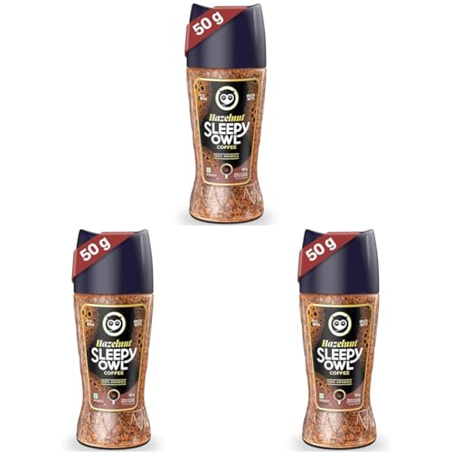 Image of Sleepy Owl 50gm Hazelnut Premium Instant Coffee | 100% Arabica | Makes 25 Cups | Nutty & Bold Flavoured Coffee | Rich Aroma | Make Cafe Style Hot or Cold Coffee, Cappuccino, Espresso, Latte at Home
