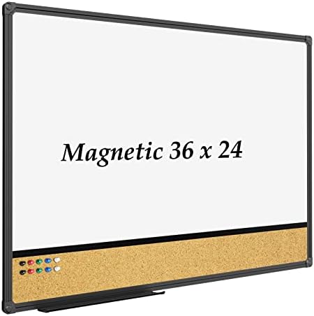 JILoffice White Board & Bulletin Corkboard Combination, Combo Board 36 x 24 Magnetic Whiteboard, Black Aluminum Frame Wall Mounted Board for Office Home and School with 10 Push Pins