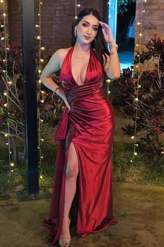 BANTRATIC Halter Mermaid Prom Dress with Slit Long Evening Gowns Pleated Satin Bridesmaid Dresses for Women3