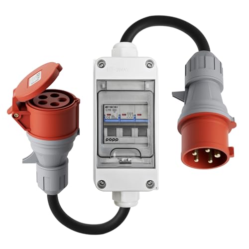 dé CEE Adapter 32A Stecker auf 16A Kupplung mit Leitungsschutzschalter [3-phasig 400V] 5-Poliger Starkstrom Adapter 32A auf 16A mit Schutzart IP44