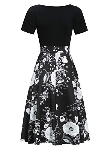 Image of Women's Elegant Vintage Dresses Knee Length Casual Floral Print Work Party Peter Pan Collar A-Line Dress with Pockets 978