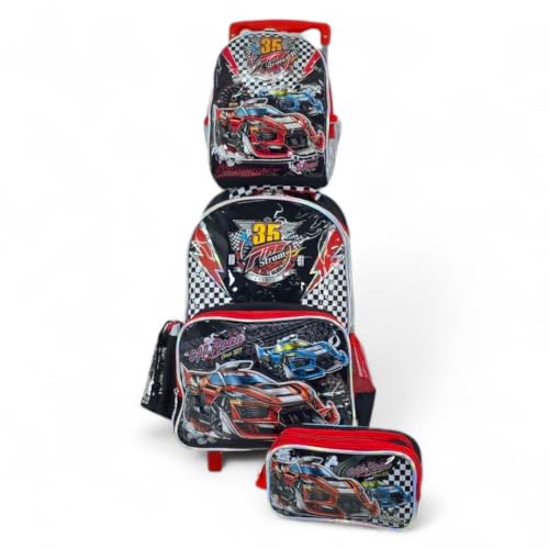 Kit Escolar Mochila de Rodinha, Lancheira e Estojo Fire Storm Car (Vermelho, Preto E Cinza)