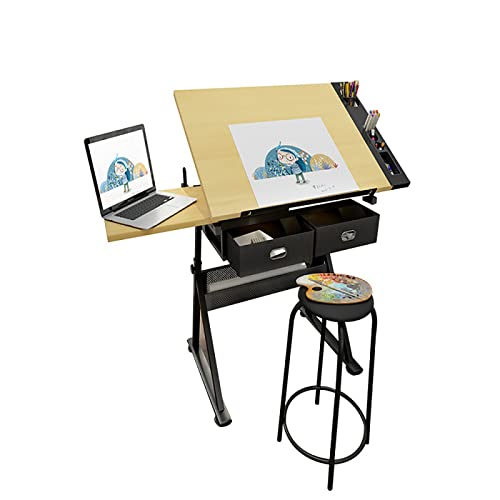 Drafting Desk, Extra Large Wood Drafting Table, Artist Drawing Table with Height Adjustable and Tilting Large Surface Tabletop, Two Drawer for Readin