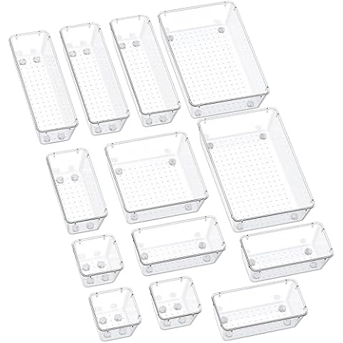 SMARTAKE 13-Piece Drawer Organizers with Non-Slip Silicone Pads, 5-Size Desk Drawer Organizer Trays Storage Tray for Makeup, Jewelries, Utensils in Bedroom Dresser, Office and Kitchen, Clear Cover